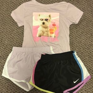 Nike Kids Light Purple Tee with Dog Graphic & 2 Dry-Fit Shorts